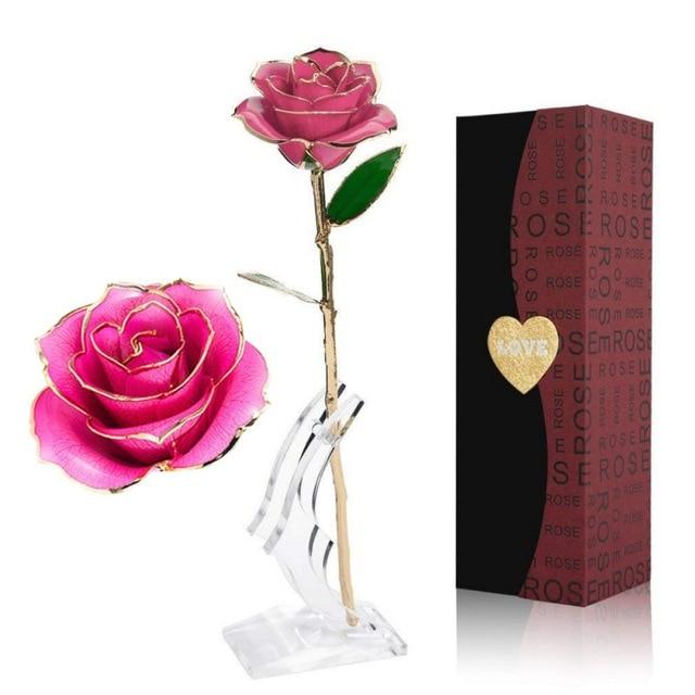 Adorable 24k Gold Dipped Long-Stem Rose | 4 Colors | Gift Box & Stand - Cute rose Toy