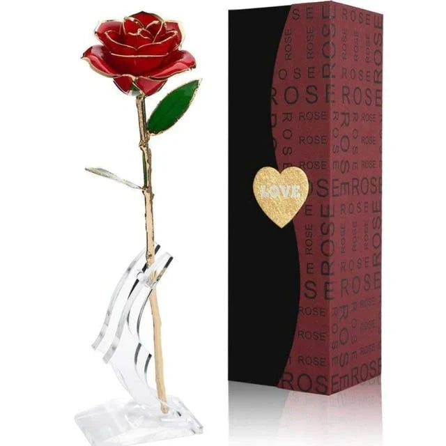 Adorable 24k Gold Dipped Long-Stem Rose | 4 Colors | Gift Box & Stand - Cute rose Toy
