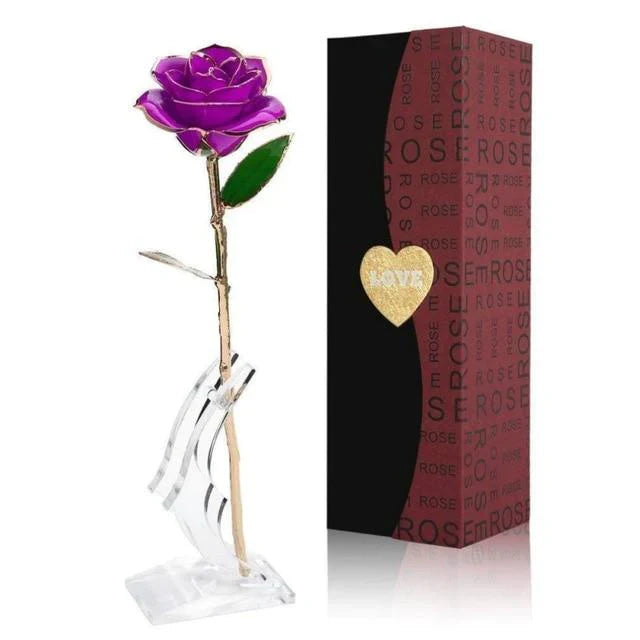 Adorable 24k Gold Dipped Long-Stem Rose | 4 Colors | Gift Box & Stand - Cute rose Toy