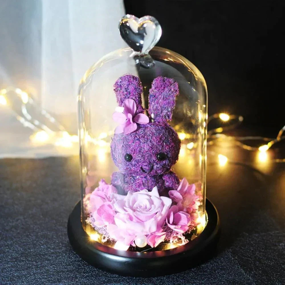 Purple bunny and pink rose LED display under glass dome; heart-shaped top, 12x20cm. Perfect gift!