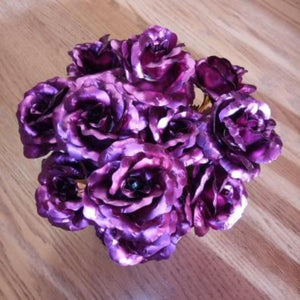 12 iridescent purple galaxy roses in a white suede box, 24K gold-dipped, with 3D pop-up card. Perfect gift.