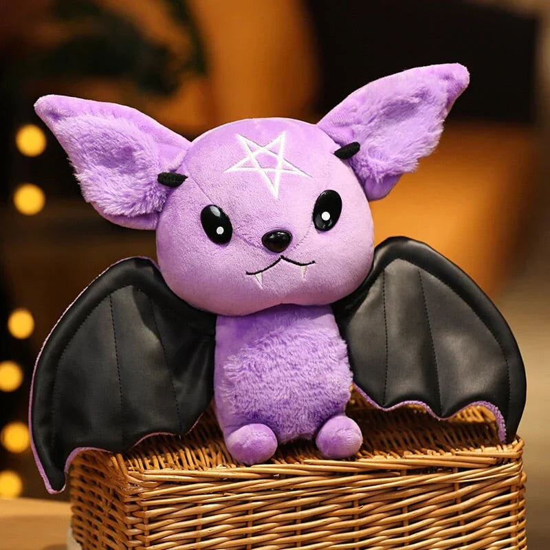 Adorable purple kawaii bat plush toy with black faux leather wings, pentagram detail, and soft PP cotton filling.