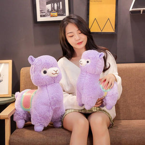Soft purple llama plush pillow, 3D design, premium PP cotton filling.  Hypoallergenic, cozy, perfect gift. Two sizes available.