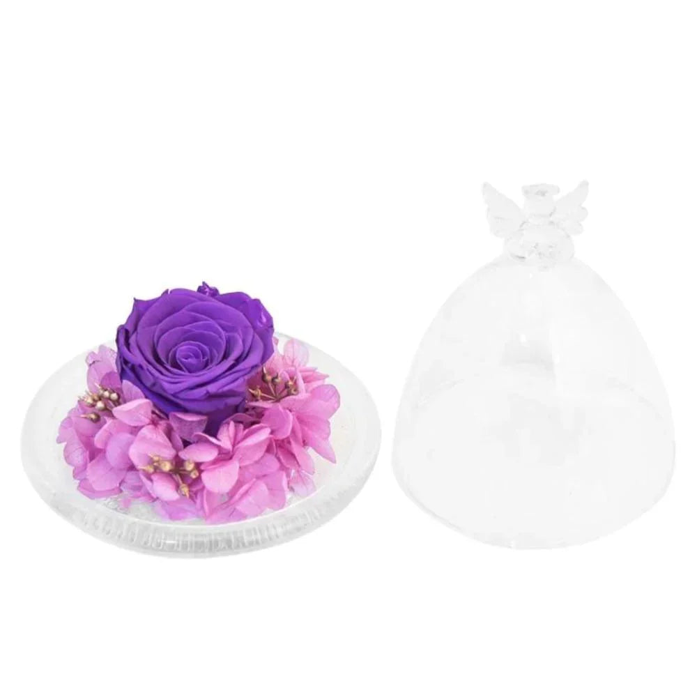 Purple preserved rose in glass dome with angel wings, pink hydrangeas, wooden base.  3-5 year lifespan.