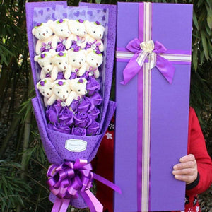 Purple rose teddy bear bouquet; unique gift for birthdays, anniversaries, or Valentine's Day.  Soft plush bears & artificial roses.  Long-lasting.