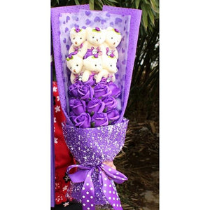 Purple rose teddy bear bouquet; charming gift for birthdays, anniversaries, or Valentine's Day.  Soft plush bears & artificial roses.