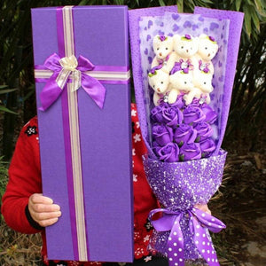 Purple rose teddy bear bouquet; unique gift for birthdays, anniversaries & weddings.  Soft plush bears, artificial roses.