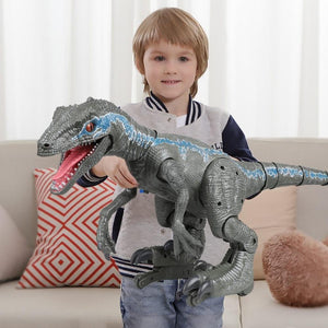 Grey remote control Velociraptor dinosaur toy; walks, roars, & breathes smoke;  Ages 5+.