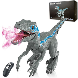 Grey remote control Velociraptor dinosaur toy; walks, roars, breathes smoke; 26x65cm; ages 5+.
