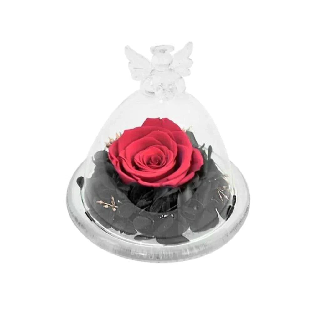 Preserved red rose in glass dome with angel wings, on wooden base.  Long-lasting, minimal care.  Perfect gift.