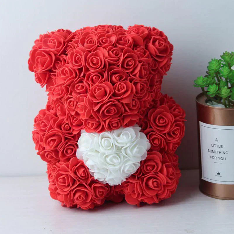 Red rose bear plush toy, 10 inches tall, with white rose heart detail.  Perfect gift, comes in gift box.