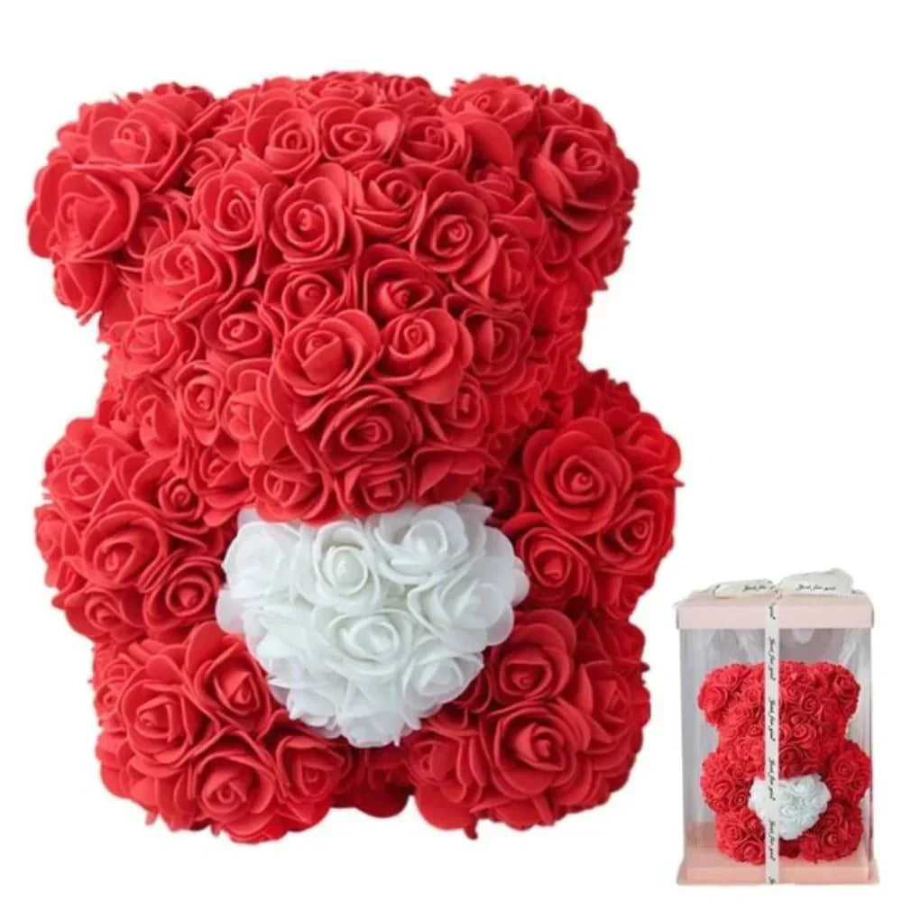 Red rose bear plush toy with white heart, 25cm, perfect gift, 8 colors available.