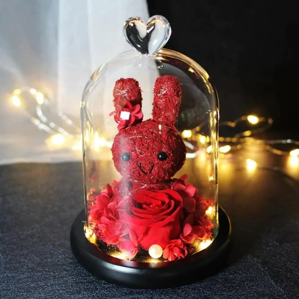 Red rose and bunny LED display in glass dome; preserved rose, soft LED lights, 12x20cm. Perfect gift.
