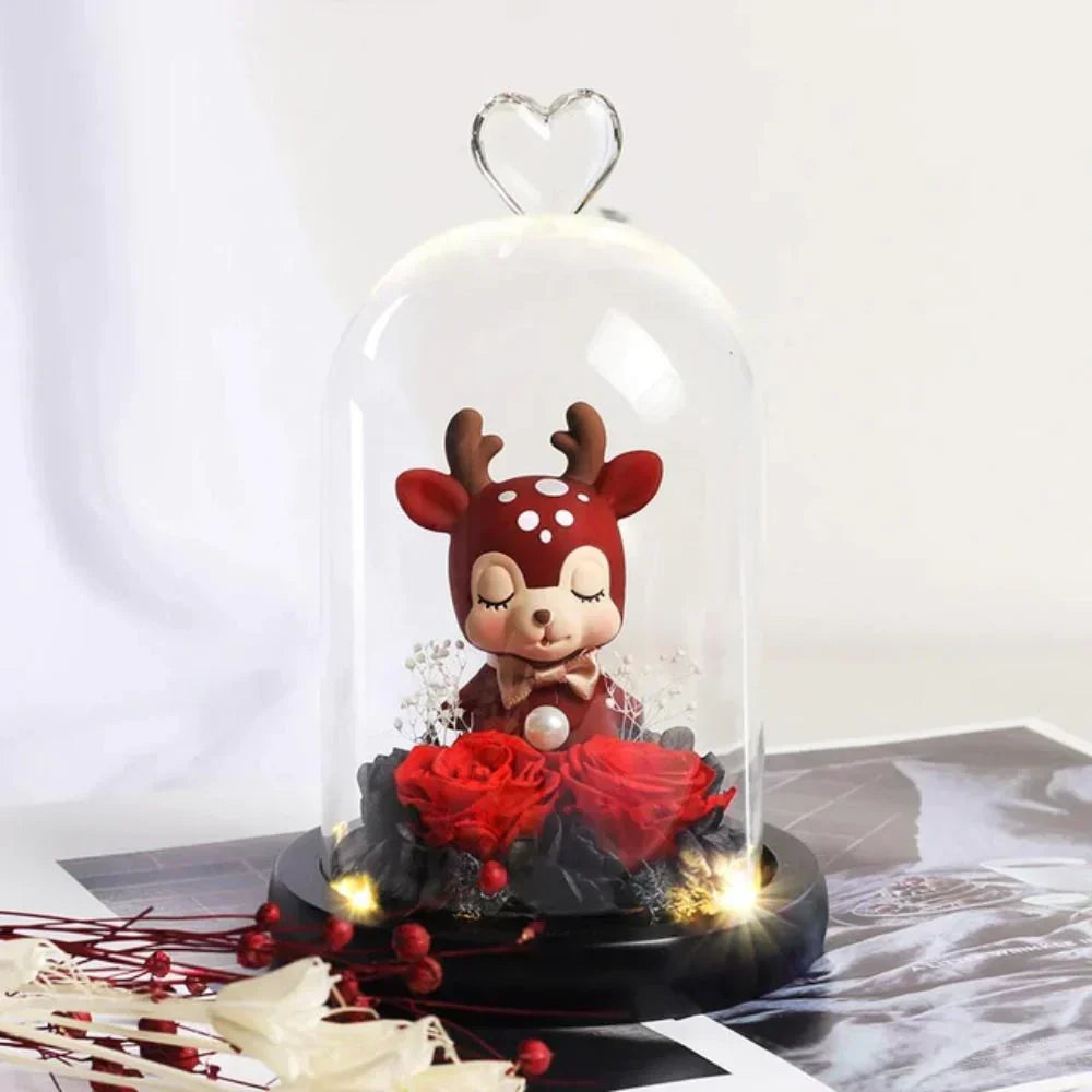 Red rose & deer figurine LED glass dome display; charming gift.