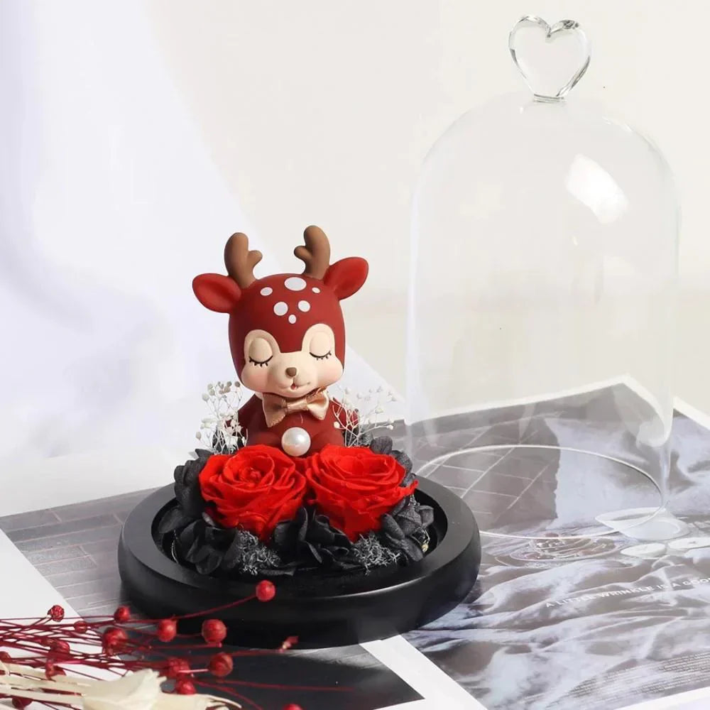 Red rose and deer figurine LED display in glass dome; preserved rose, warm light, perfect gift.