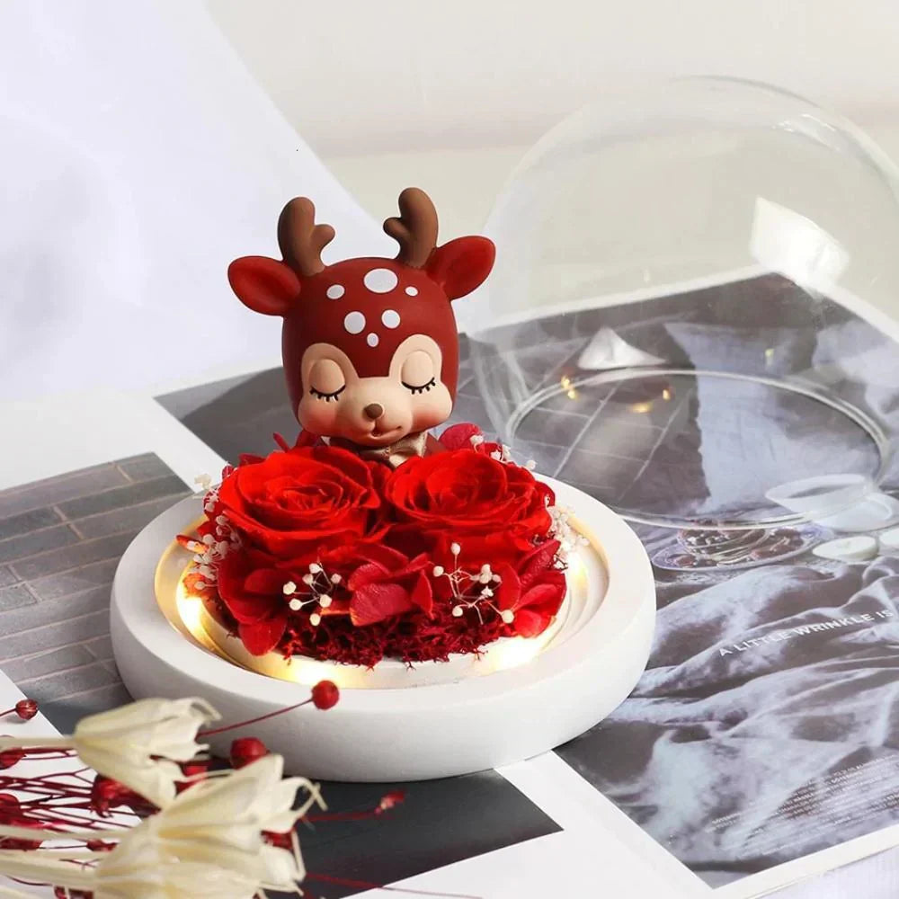 Red rose & deer figurine LED display, encased in a glass dome.  Preserved rose, warm light, perfect gift.