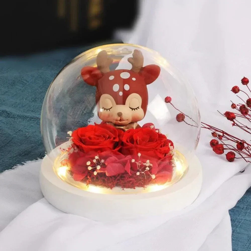 Red rose & deer figurine LED glass dome display; preserved roses, soft warm light, perfect gift.