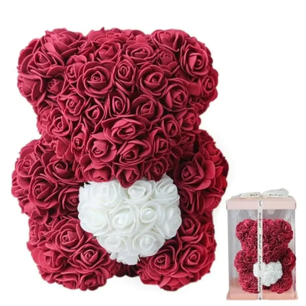 Red rose bear plush toy, 10 inches, with white heart, gift box included.  Perfect gift!