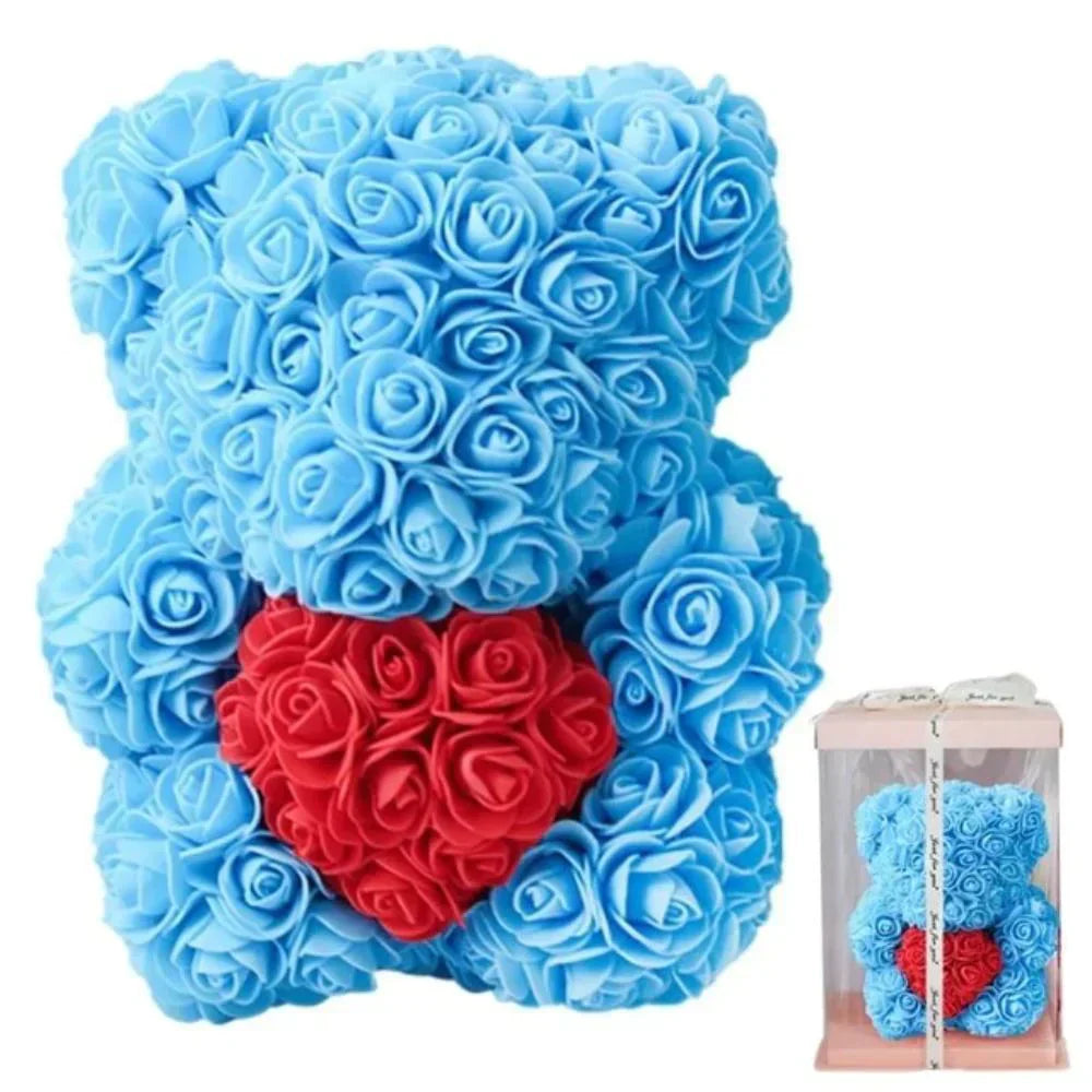Light blue rose bear plush toy with red rose heart, 10 inches tall, perfect gift.