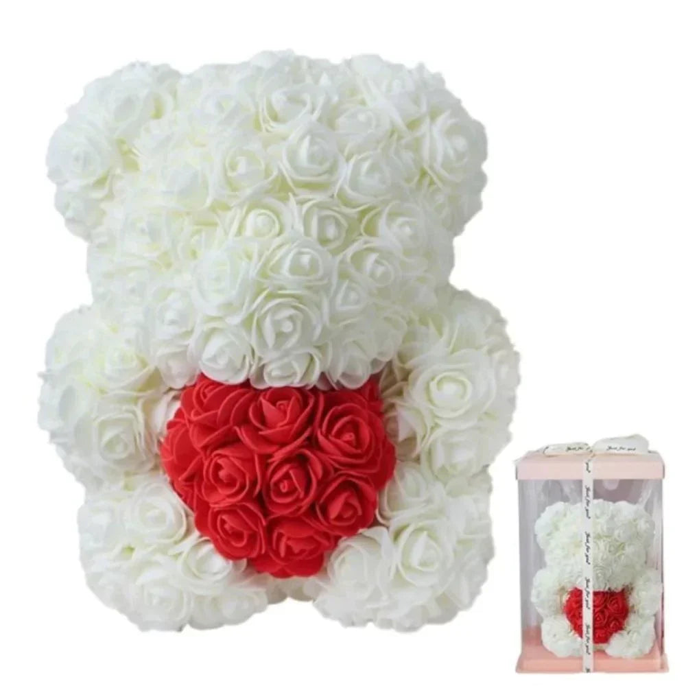 White rose bear plush toy with red rose heart, 25cm tall, in gift box.