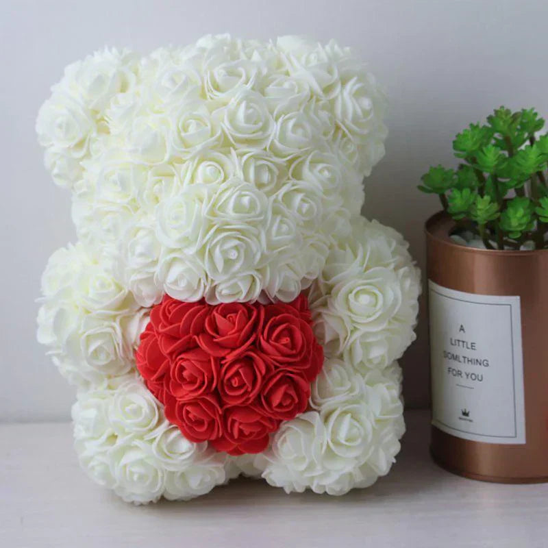 White rose bear plush toy with red rose heart, 10 inches tall, perfect gift.