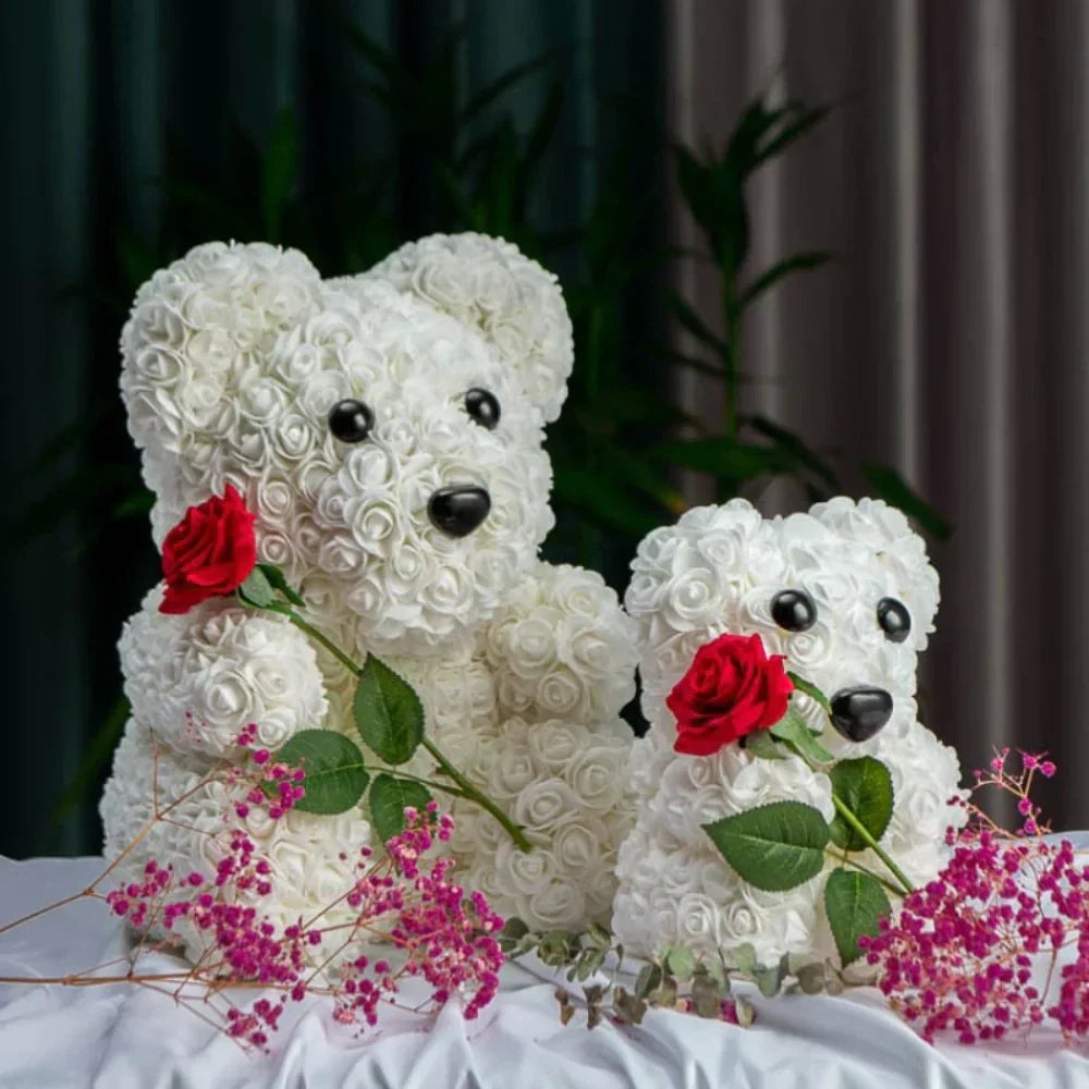 Adorable white rose teddy bear, handcrafted plush with red rose, perfect gift for any occasion.