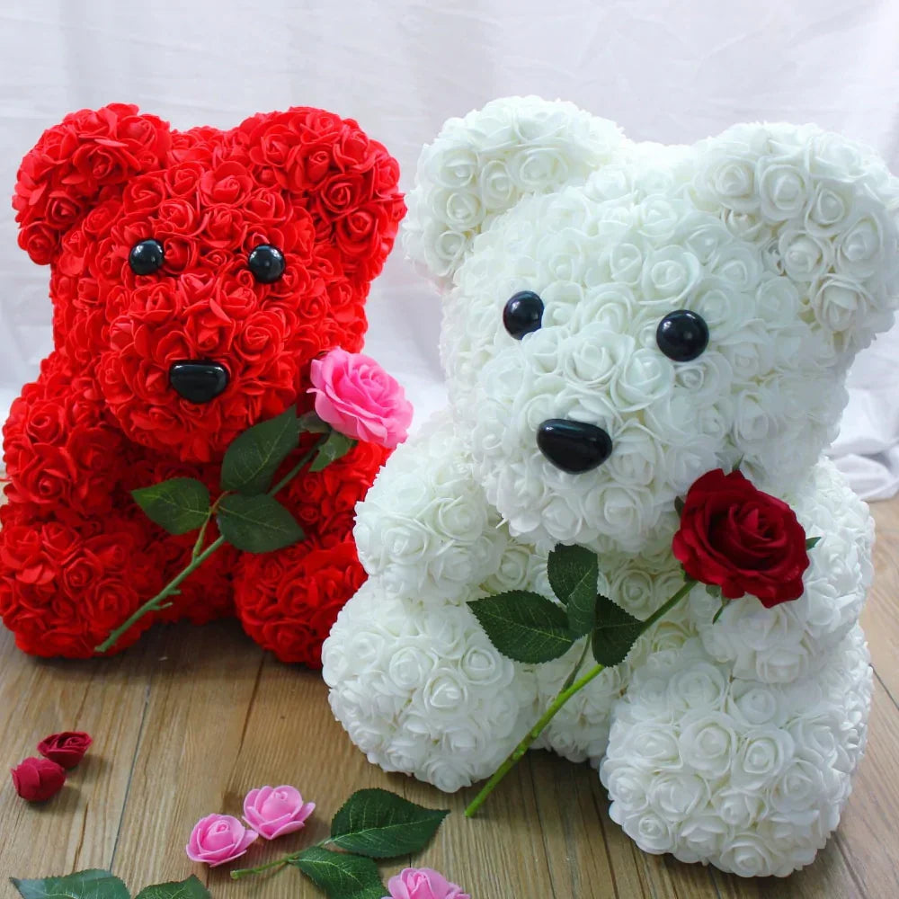 Red & white rose teddy bears, plush, romantic gift, artificial roses.