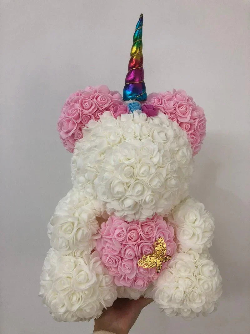 40cm rose teddy bear unicorn, pink & white foam roses, rainbow horn, gold butterfly.