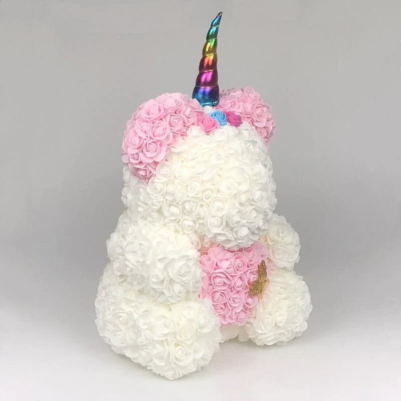 Pink & white rose teddy bear, 40cm, unicorn horn, gold butterfly detail.  Unique gift for any occasion.