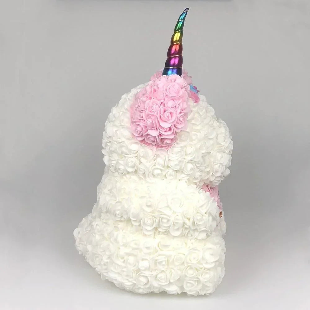 40cm rose teddy bear unicorn, white and pink foam roses, rainbow horn, gold butterfly detail. Perfect gift!