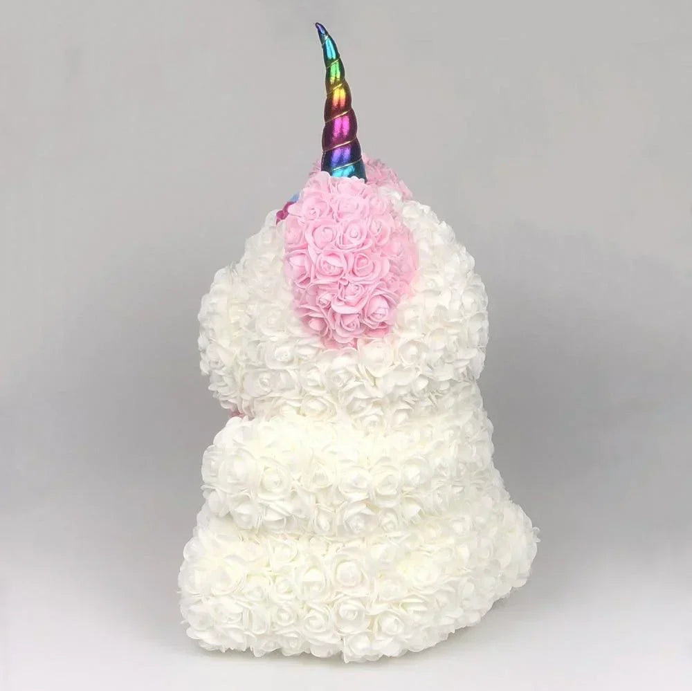 40cm rose teddy bear unicorn; white & pink foam roses, rainbow horn. Perfect gift!