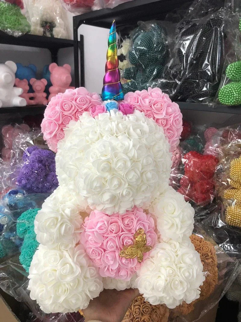 40cm rose unicorn teddy bear; white & pink foam roses, rainbow horn, gold butterfly. Perfect gift!