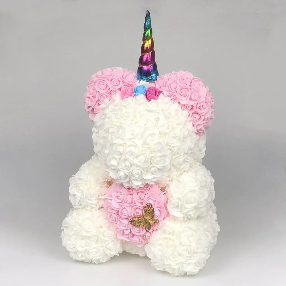 40cm pink & white rose teddy bear, unicorn horn, gold butterfly, perfect gift.