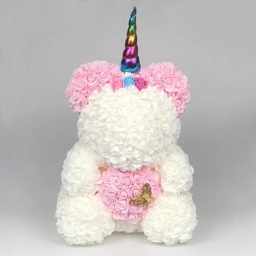 40cm rose teddy bear unicorn, pink & white roses, rainbow horn, gold butterfly, perfect gift.