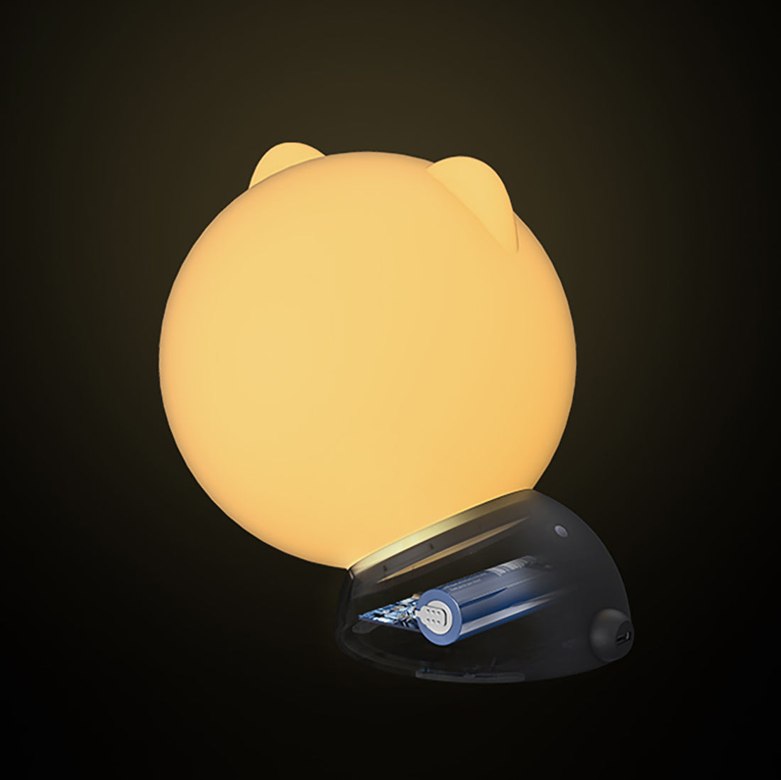 Adorable yellow silicone cat night light, soft glow, 2000mAh battery, kids bedroom.