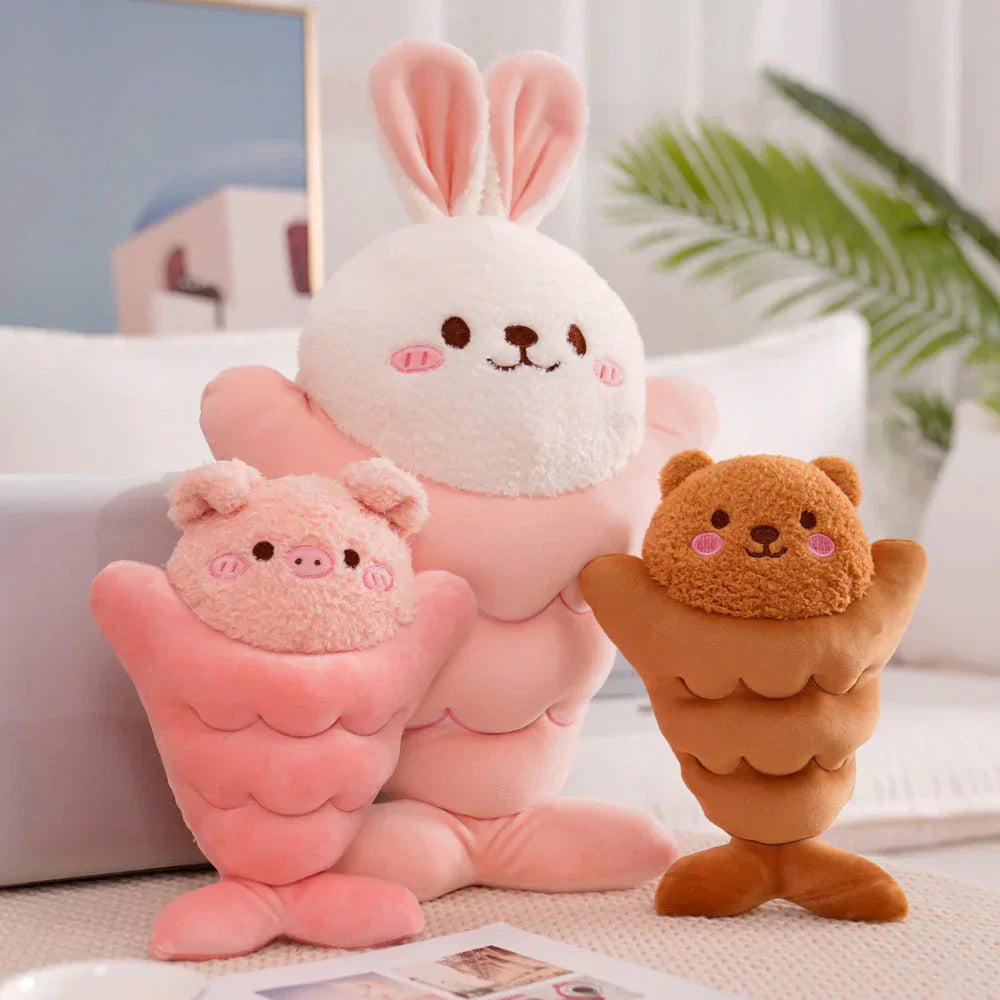 Adorable bunny, pig, and bear plush toys in taiyaki fish shapes. Soft PP cotton filling, allergy-free. Three sizes available.