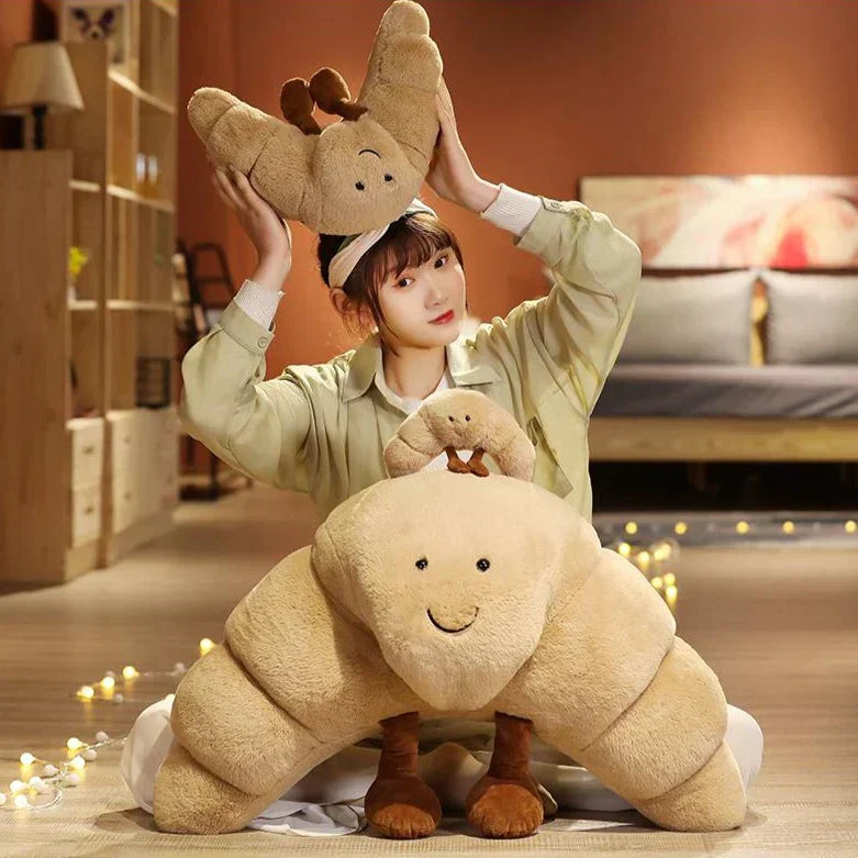Adorable tan Curly croissant plush toy; soft PP cotton; 3 sizes: small, medium, large; perfect for cuddling.
