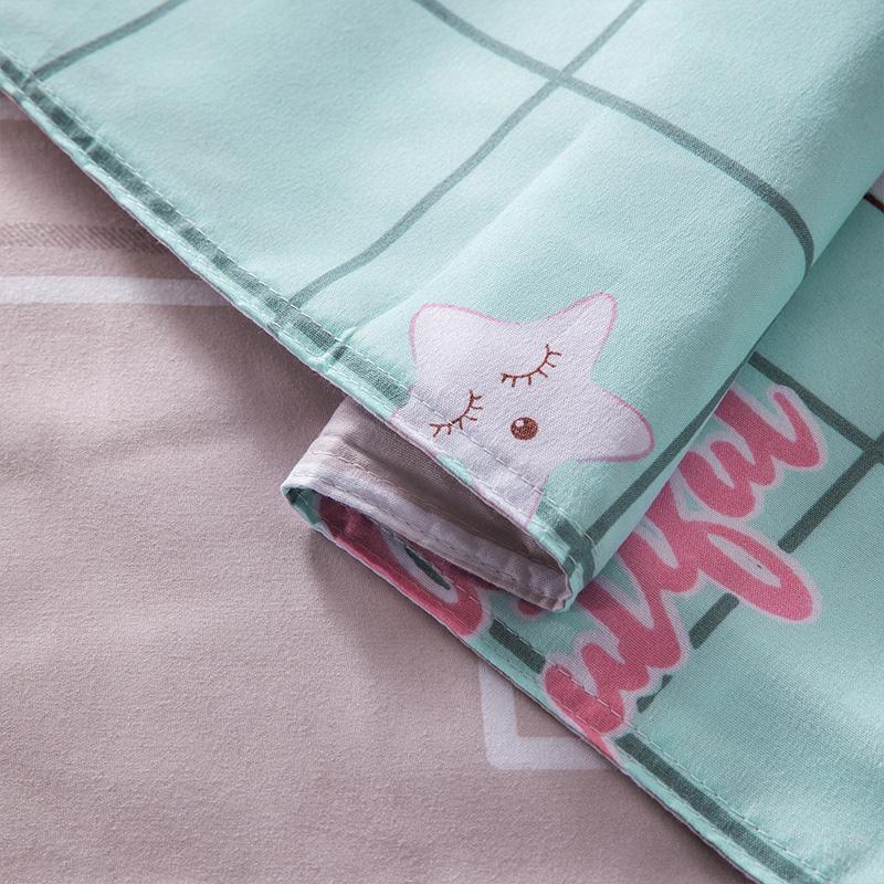 Teal & beige reversible pig bedding set. Soft microfiber, includes duvet cover, flat sheet & pillowcases. Kawaii pig & star design. Zip closure.