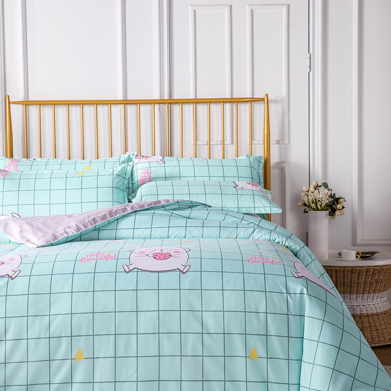 Teal pig print bedding set, reversible, includes duvet cover, flat sheet & pillowcases. Soft, 100% polyester microfiber.