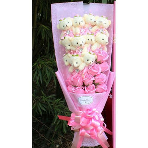 Adorable teddy bear bouquet with pink artificial roses; perfect gift for birthdays, anniversaries, or Valentine's Day.