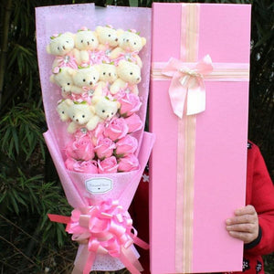 Adorable teddy bear bouquet with pink roses; perfect gift for birthdays, anniversaries, or Valentine's Day.