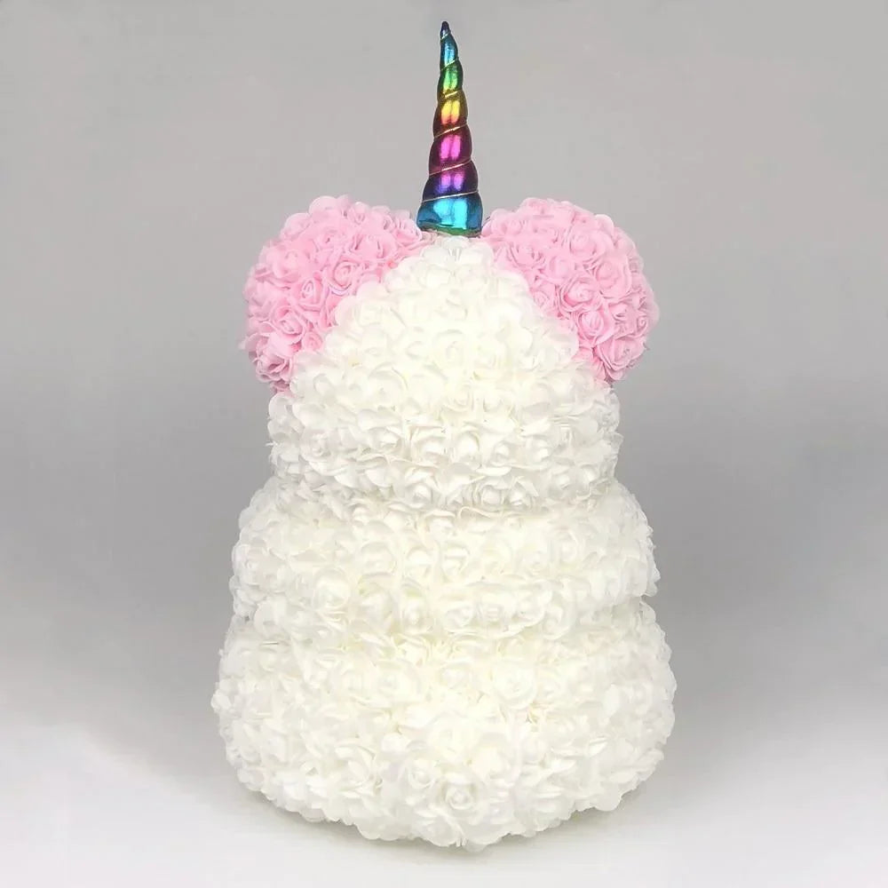 40cm white rose teddy bear unicorn, pink rose ears, rainbow horn, unique gift.