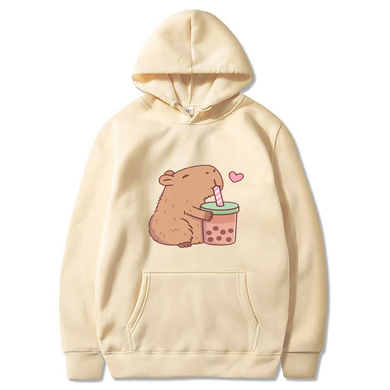 Funny Fashion Capybara Drinking Bubble Tea Cute Graphic Printed Hoodies