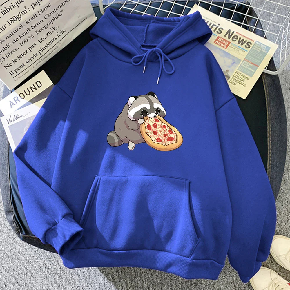 Cartoon Pizza Raccoon Hoodie Women Cute Print Hoodies
