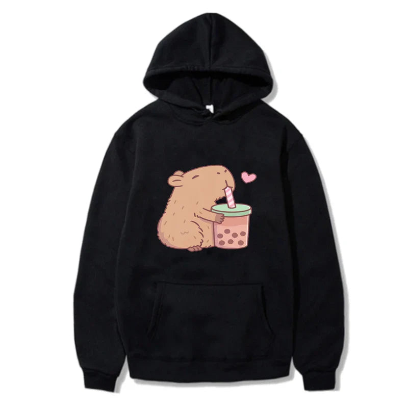 Funny Fashion Capybara Drinking Bubble Tea Cute Graphic Printed Hoodies
