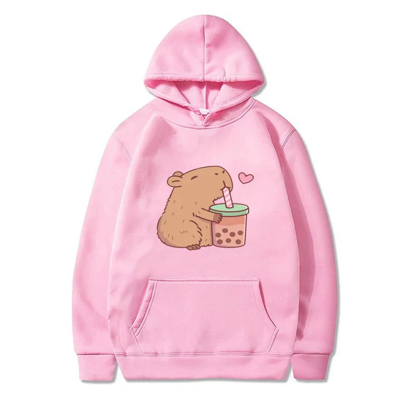 Funny Fashion Capybara Drinking Bubble Tea Cute Graphic Printed Hoodies