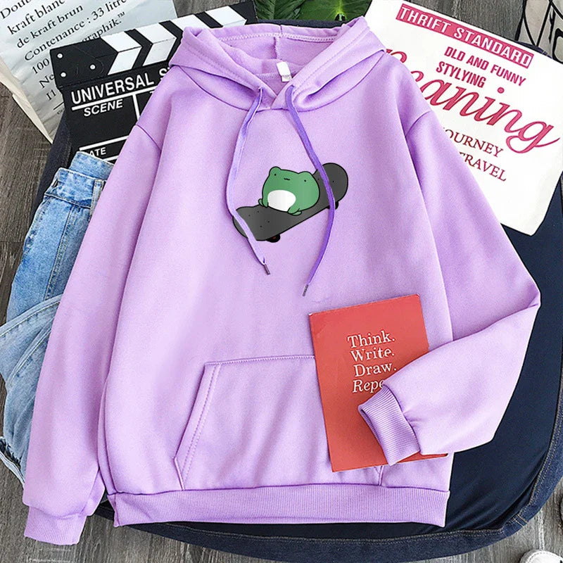 Cute Skateboard Frog Print Hoodies Cartoon Fleece Hooded Pullover Sweatshirts