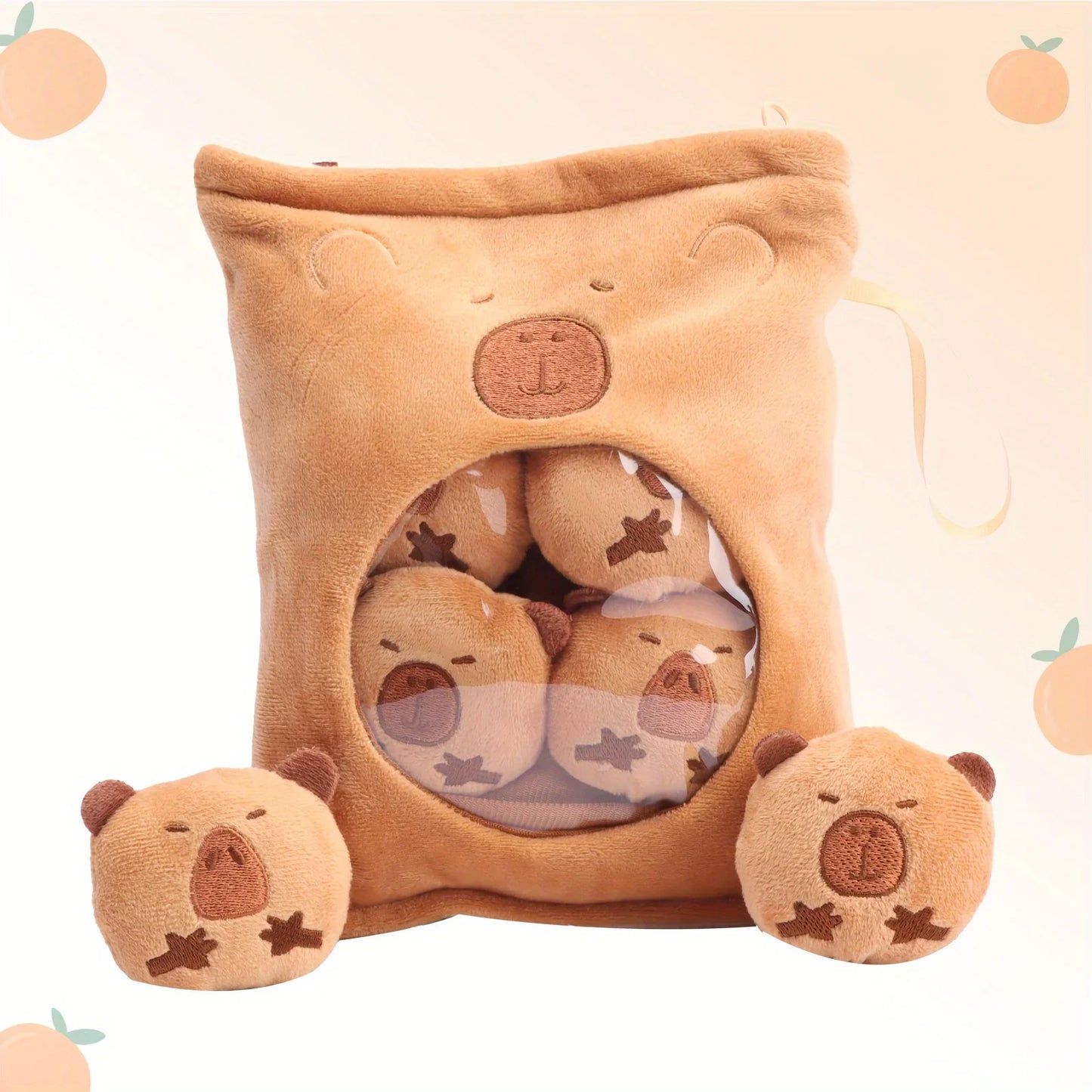 Kawaii Capybara Snack Bag Plush Toy – Soft Plush Bag with 4 Capybara Cubs Inside