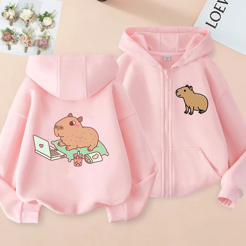 Funny Kids Capybara Zip Up Hoodie Children's Hoodie Capibara Sweatshirt Manga Clothes