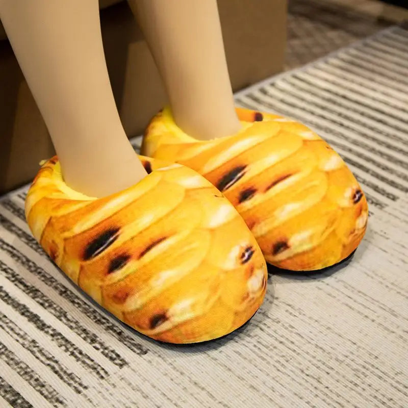 Fake imitation bread slippers lazy women slip on fur slides ladies winter footwear desginer faux toast pineapple durian slippers